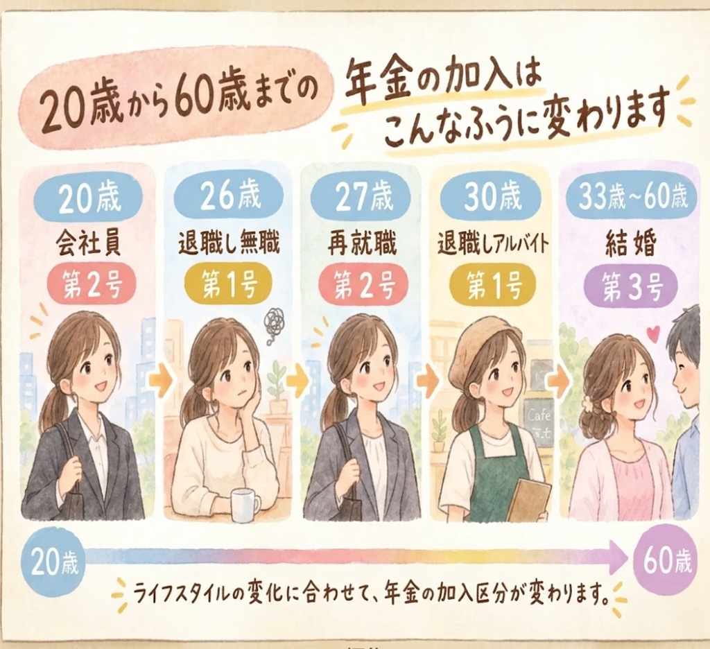 就職・退職・結婚で第1号・第2号・第3号が入れ替わっていく例を示した図